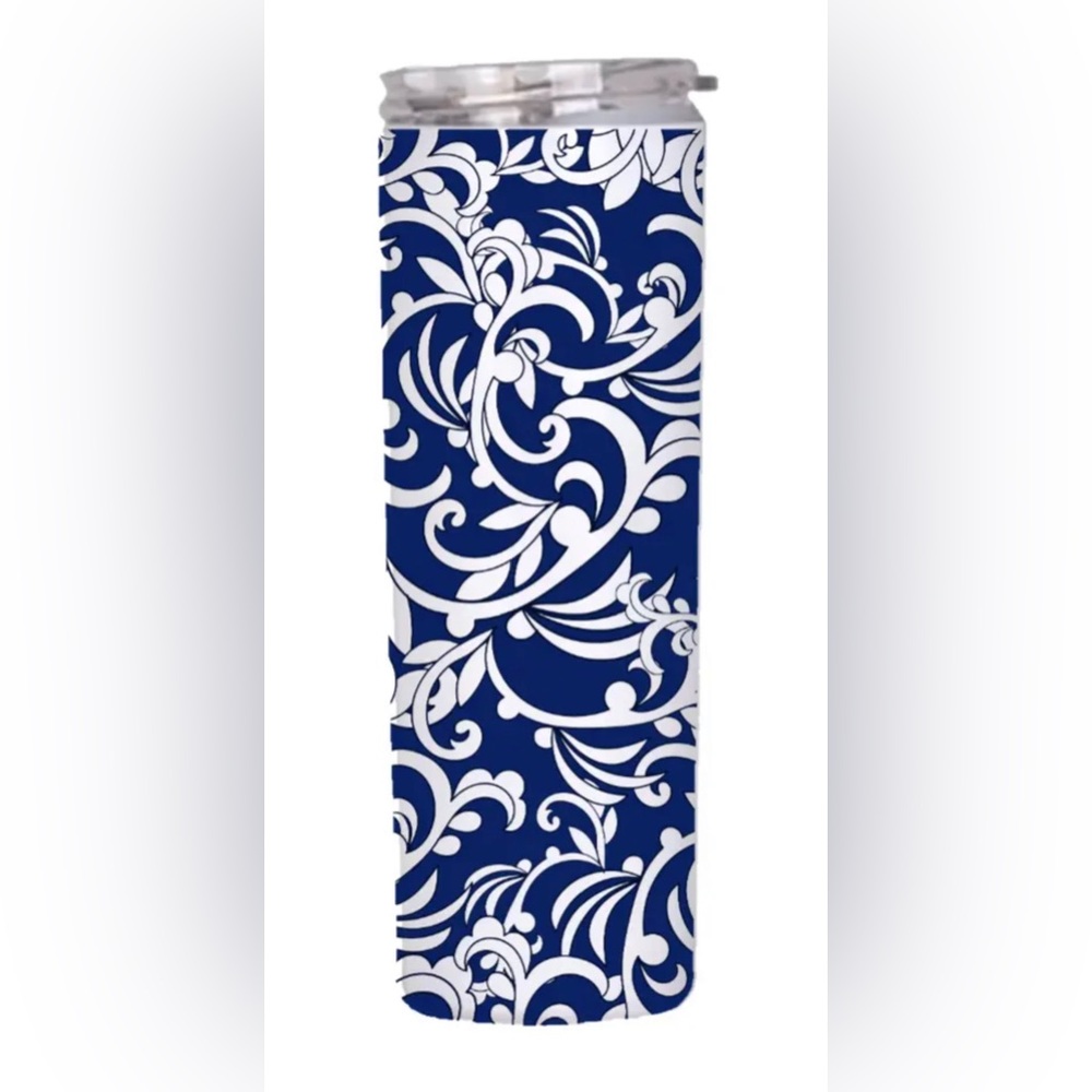 Blue and white plant patterns Semi handmade 20oz stainless straight bottle GIFT